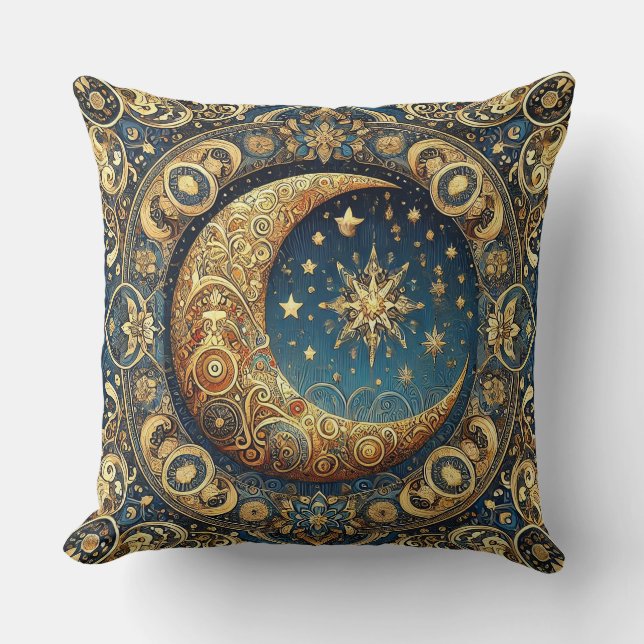 Ornate Celestial Pattern Featuring Crescent Moon Cushion (Front)