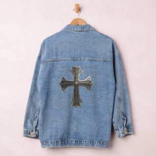 Ornate Celtic Silver Cross with Intricate Knot Pat Denim Jacket