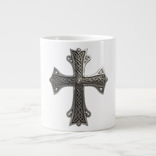 Ornate Celtic Silver Cross with Intricate Knot Pat Large Coffee Mug
