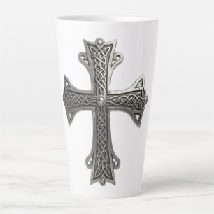 Ornate Celtic Silver Cross with Intricate Knot Pat Latte Mug