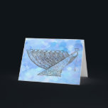 Ornate Chanukah Menorah Customisable Greeting Card<br><div class="desc">I drew a highly ornamented Chanukah menorah using pen and ink and then set it against a digitally enhanced watercolor blue background. This menorah features an elegant flow of a woman's robe - a representation of the Shekhina,  perhaps.</div>