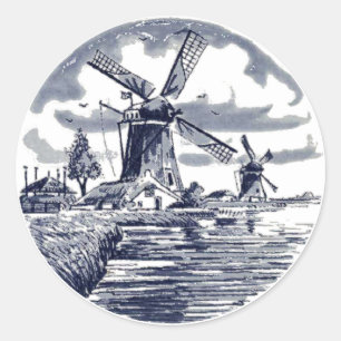 Ornate Chic Antique Dutch Delft Blue Windmill Classic Round Sticker
