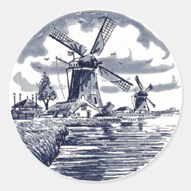 Ornate Chic Antique Dutch Delft Blue Windmill Classic Round Sticker (Front)