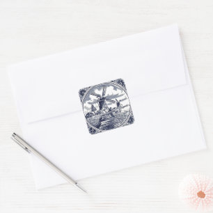 Ornate Chic Antique Dutch Delft Blue Windmill Square Sticker
