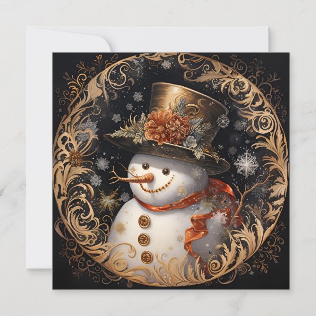 Ornate Christmas holiday snowman greeting card (Front)