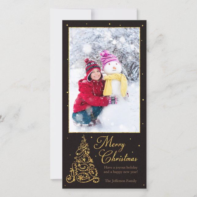 Ornate Christmas Tree Black Glitter Holiday Card (Front)