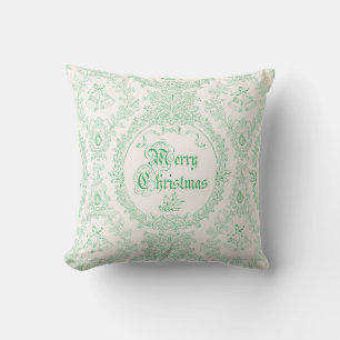 Ornate Classic Vintage Merry Christmas Green Toile Cushion