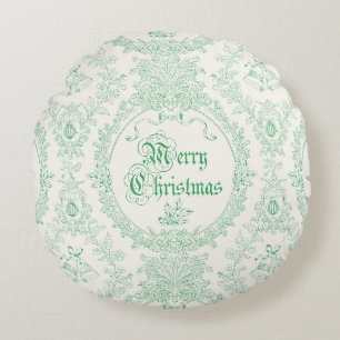 Ornate Classic Vintage Merry Christmas Green Toile Round Cushion