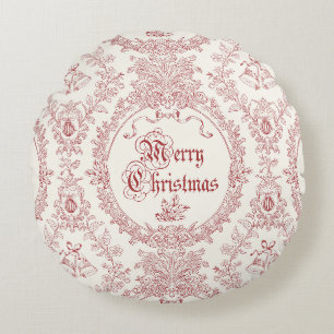 Ornate Classic Vintage Merry Christmas Red Toile Round Cushion