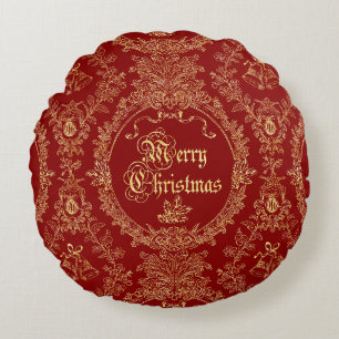 Ornate Classic Vintage Red Gold Merry Christmas Round Cushion