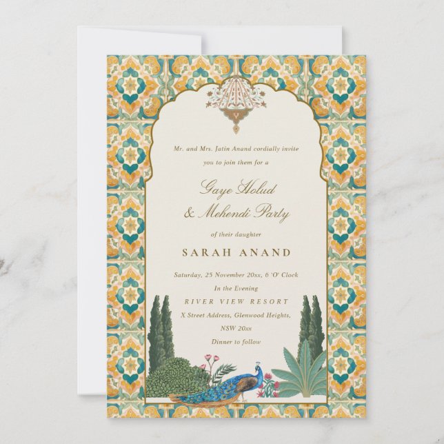 Ornate Classy Yellow Green Indian Mehndi Ceremony  Invitation (Front)
