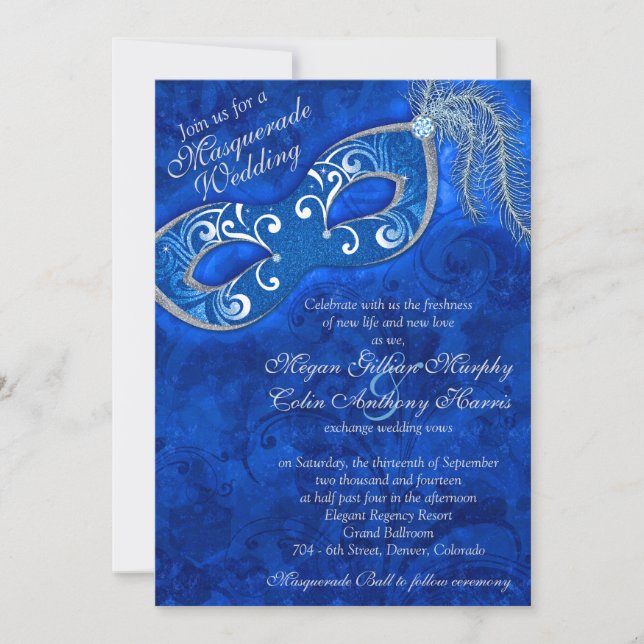 Ornate Cobalt Blue Silver Masquerade Ball Wedding Invitation (Front)