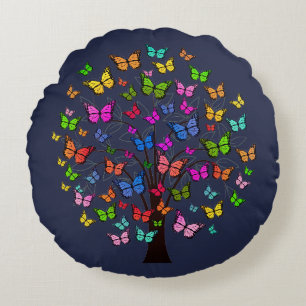 Ornate Colourful Abstract Butterfly Tree Art Round Cushion