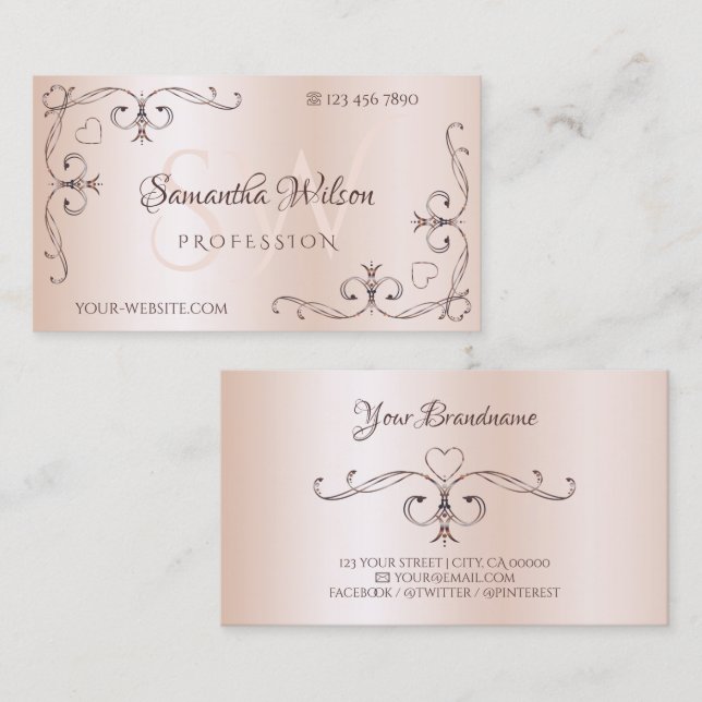 Ornate Corner Initials Shimmery Rose Pastel Pink Business Card (Front/Back)