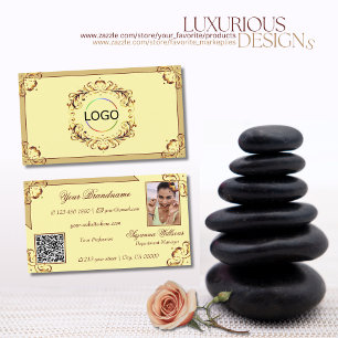 Ornate Cream Beige Gold Logo Photo and QR Code Business Card