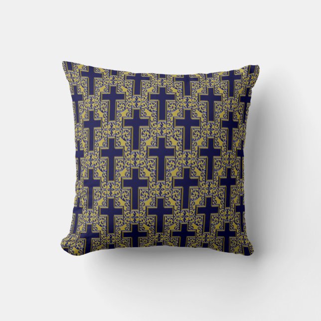 Ornate Cross-24 Blue and Gold Cushion (Front)