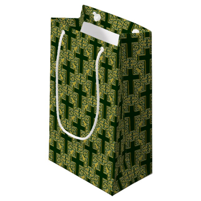 Ornate Cross-25-Green-Gold-GIFT BAG s (Front Angled)