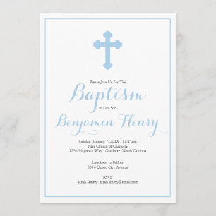 Ornate Cross Blue Boy Baptism Christening Invitation