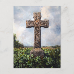 Ornate Cross Monument Clover Shamrocks Postcard