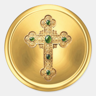 Ornate Cross on Gold Envelope Seal Sticker Green
