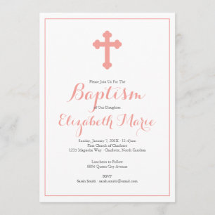 Ornate Cross Pink Girl Baptism Christening Invitation