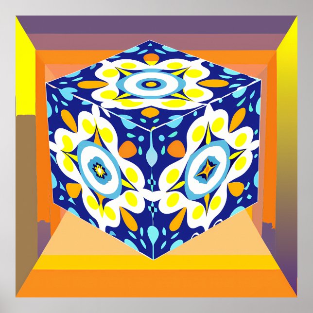 Ornate Cube: A Kaleidoscope of Patterns Poster (Front)