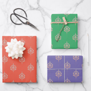 Ornate Damask Pattern in Orange, Purple & Green Wrapping Paper Sheet