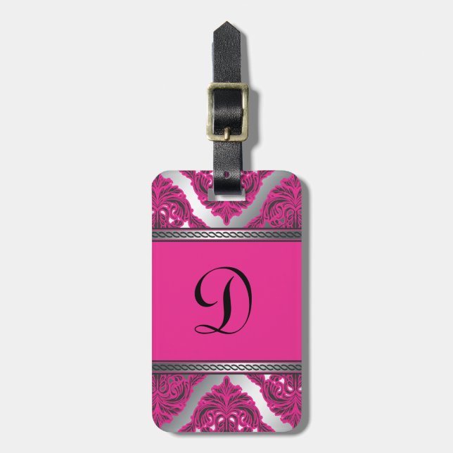 Ornate Damask Pink, Black, Silver Luggage Tag (Front Vertical)