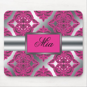Ornate Damask Pink, Black, Silver Mouse Mat