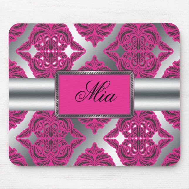 Ornate Damask Pink, Black, Silver Mouse Mat (Front)