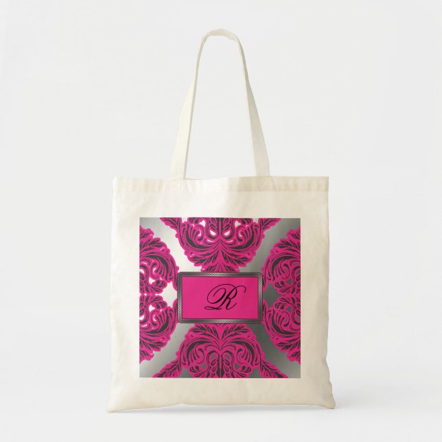 Ornate Damask Pink, Black, Silver Tote Bag (Front)