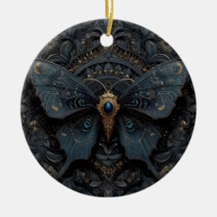 Ornate Dark Blue Butterfly with Gold Filigree Ceramic Tree Decoration