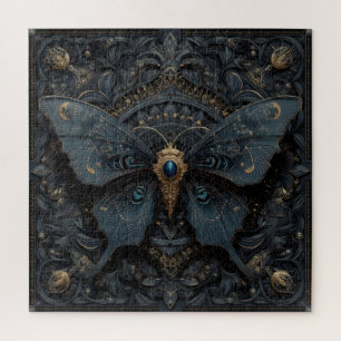 Ornate Dark Blue Butterfly with Gold Filigree Jigsaw Puzzle