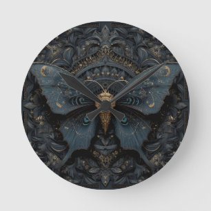 Ornate Dark Blue Butterfly with Gold Filigree Round Clock