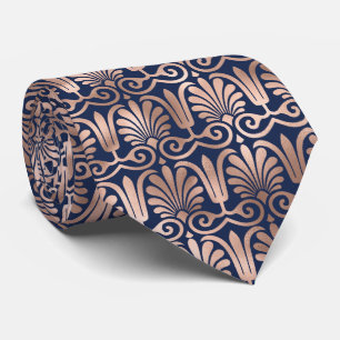 Ornate Deco Pattern Rose Gold Navy Blue Tie