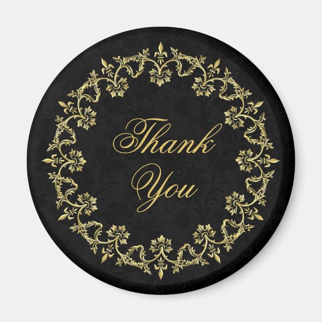 Ornate Decorative Gold Circle on Black Thank You Magnet (Front)