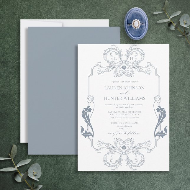Ornate Dusty Blue Floral Line Art Monogram  Invita Invitation (Creator Uploaded)
