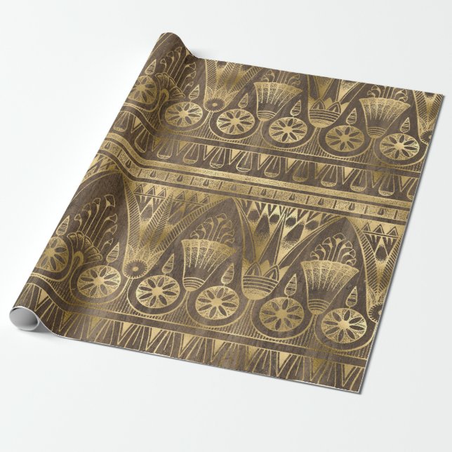 Ornate Egyptian Floral and Geometric Gold Pattern Wrapping Paper (Unrolled)