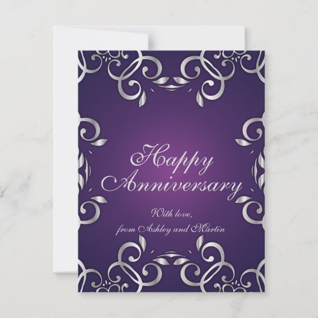 Ornate Elegant Silver And Purple Happy Anniversary Card (Front)