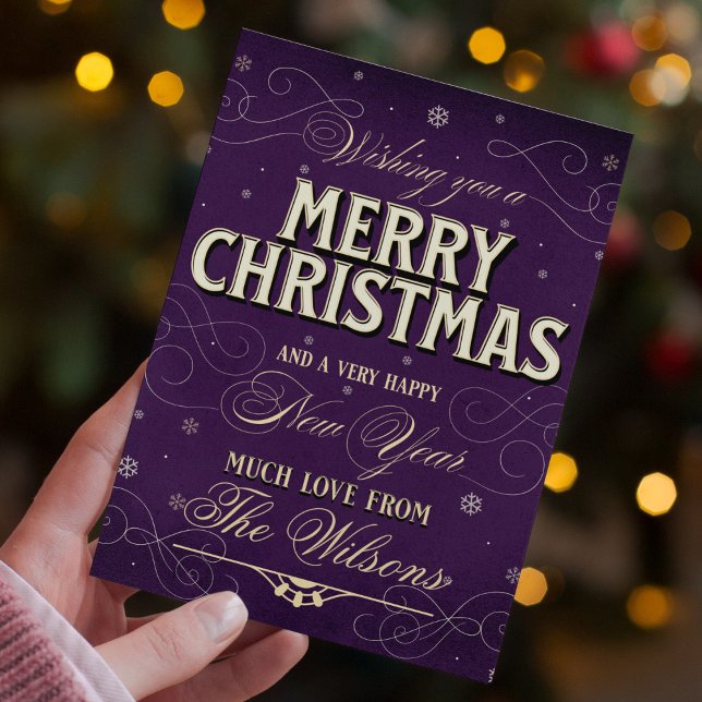 Ornate Elegant Traditional Photo Purple Christmas  Holiday Card (Purple merry christmas ornate elegant traditional christmas card with photo back)