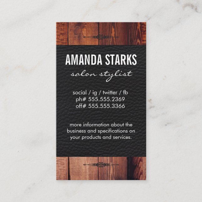 Ornate Element Wood Grain Leather Business Card (Front)