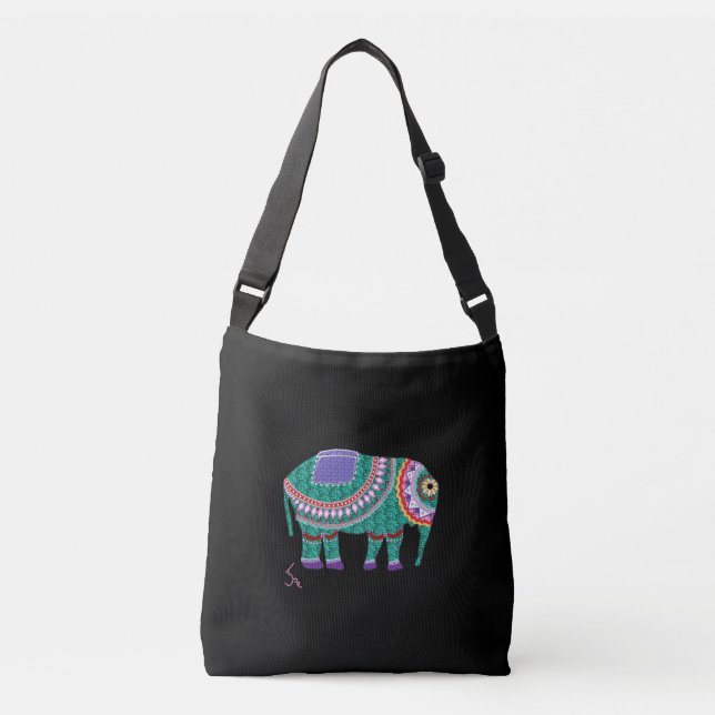 Ornate Elephant, Black Cross Body Bag (Front)