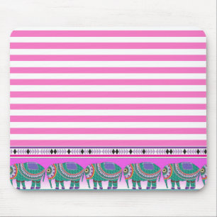 Ornate Elephants Pink Stripped Trendy Mouse Mat
