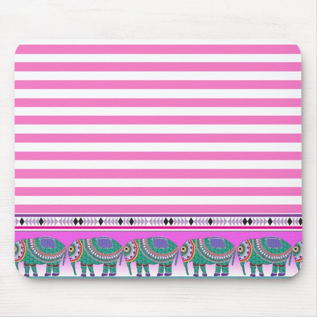 Ornate Elephants Pink Stripped Trendy Mouse Mat (Front)