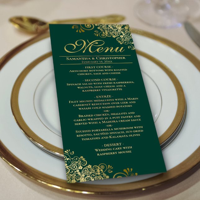Ornate Emerald Green & Gold Elegant Wedding Menu (On Plate)