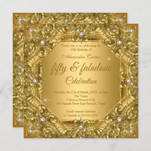 Ornate Fabulous 50th Photo Gold on Gold Party Invitation