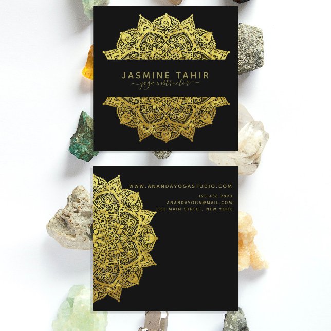 Ornate Filigree Gold Black Mandala Yoga Instructor Square Business Card (Creator Uploaded)