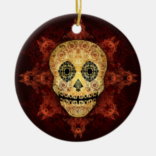 Ornate Flame Sugar Skull Ceramic Tree Decoration