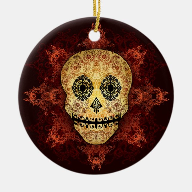 Ornate Flame Sugar Skull Ceramic Tree Decoration (Front)