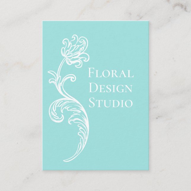 Ornate Floral Aqua and White Business Card (Front)